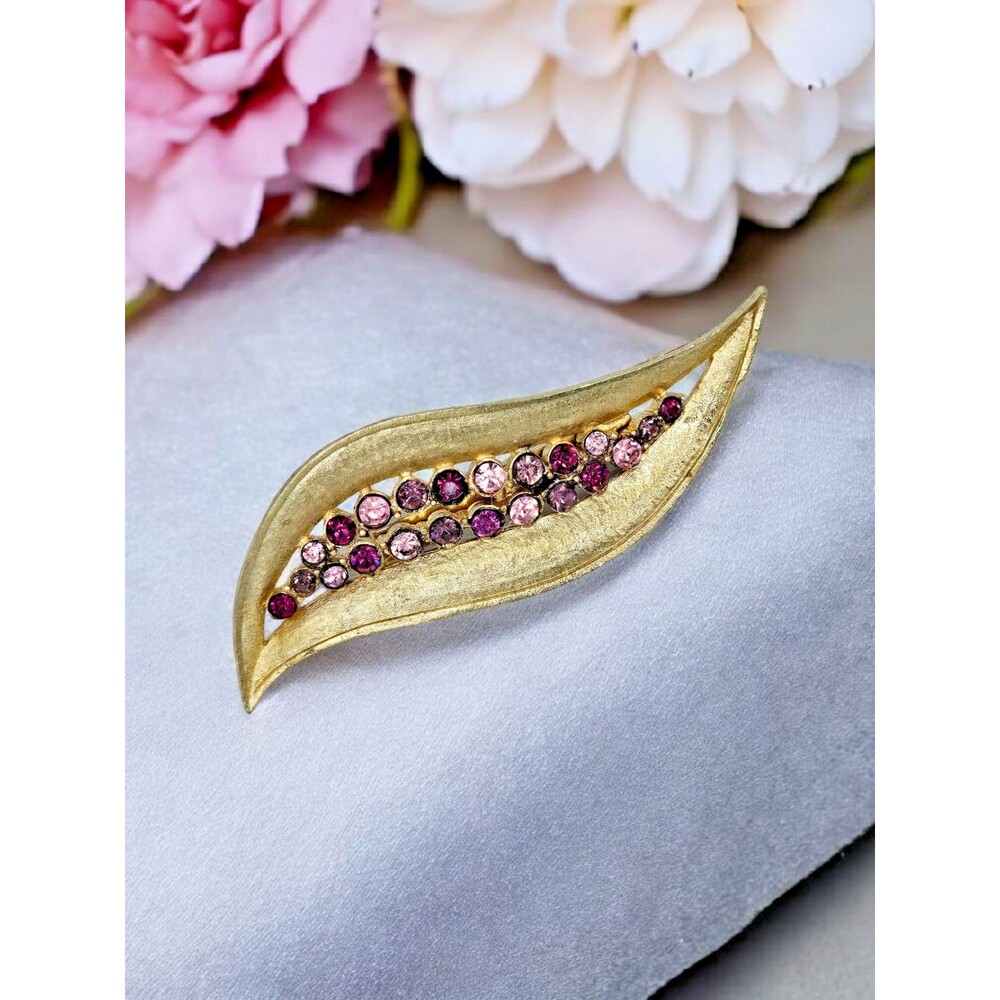 Swirl Leaf Brooch Vtg Large Pink Purple Rhinestone Gold Tone Estate Jewelry Pin